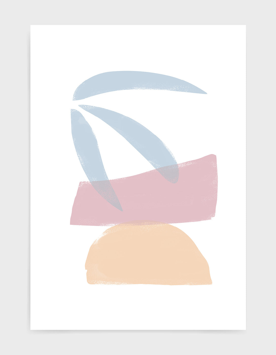 nature inspired abstract print with palm inspired leaves over a pink painted oblong on top of a pale yellow semi circle