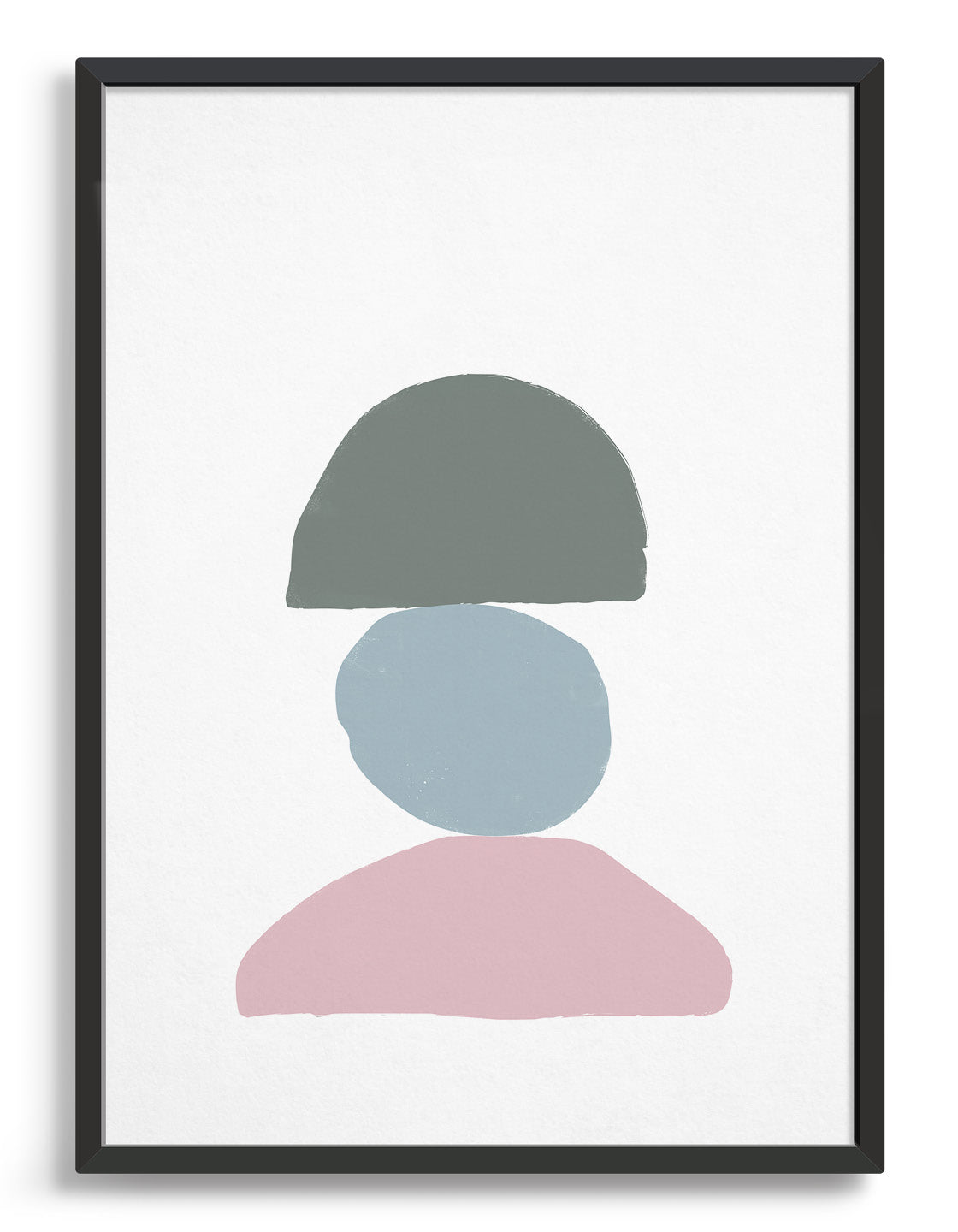 Minimal screen print style art print featuring three curved stone shapes sat on top of each other. One pink semi circle, a pale blue circle and greeny grey semi circle on top