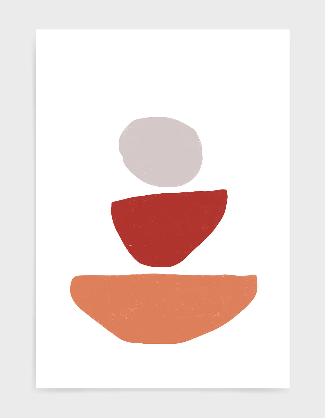 Abstract art print of what looks like decreasing sized stones stack on top of each other. Large orange semi circle on the bottom, red semi-circle and then neutral grey circle on top on a white background
