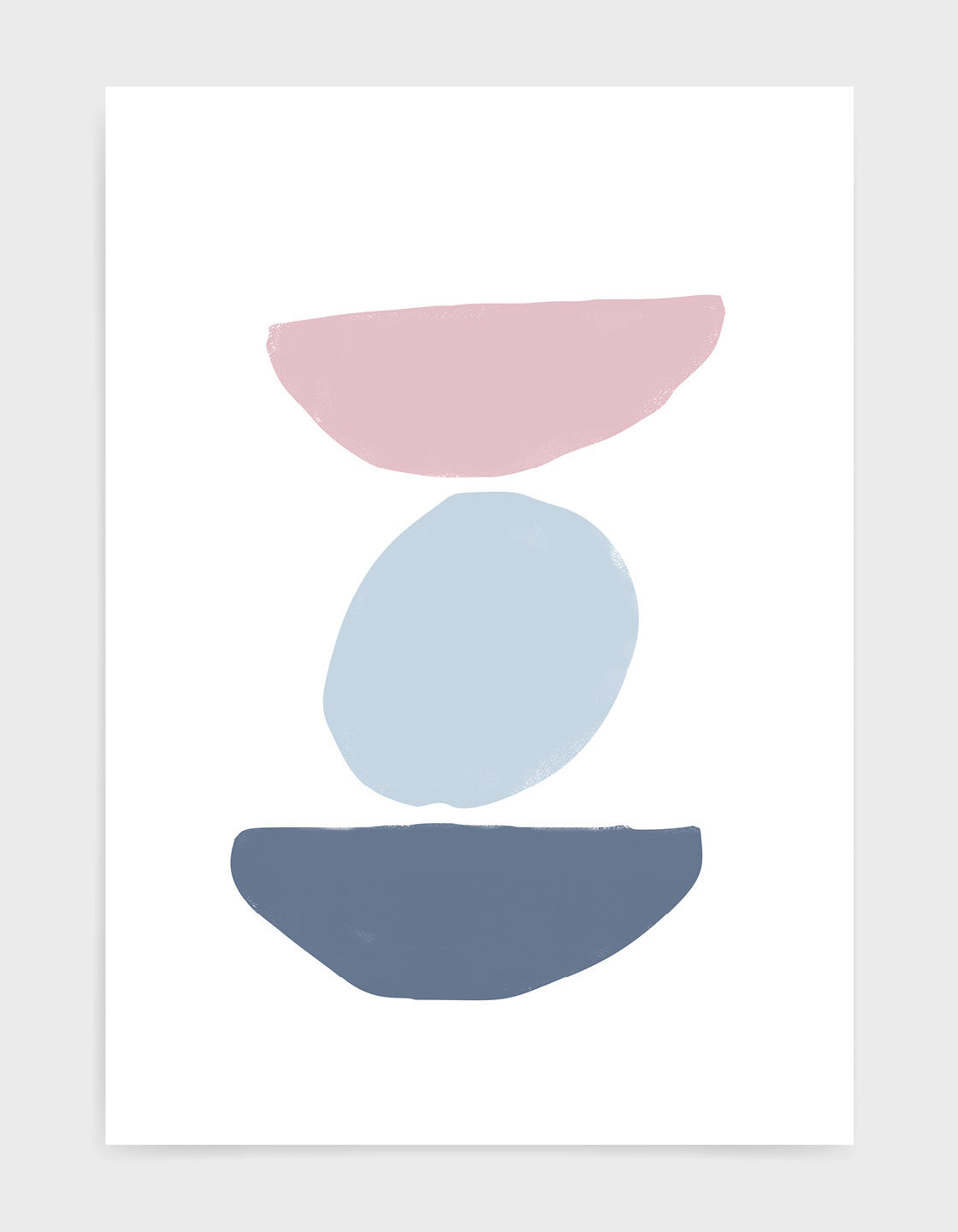 scandi inspired natural artprint depicting coloured shapes stacked on top of each other. Pink semi circle on top of a pale blue circle on top of a blue/grey semi circle