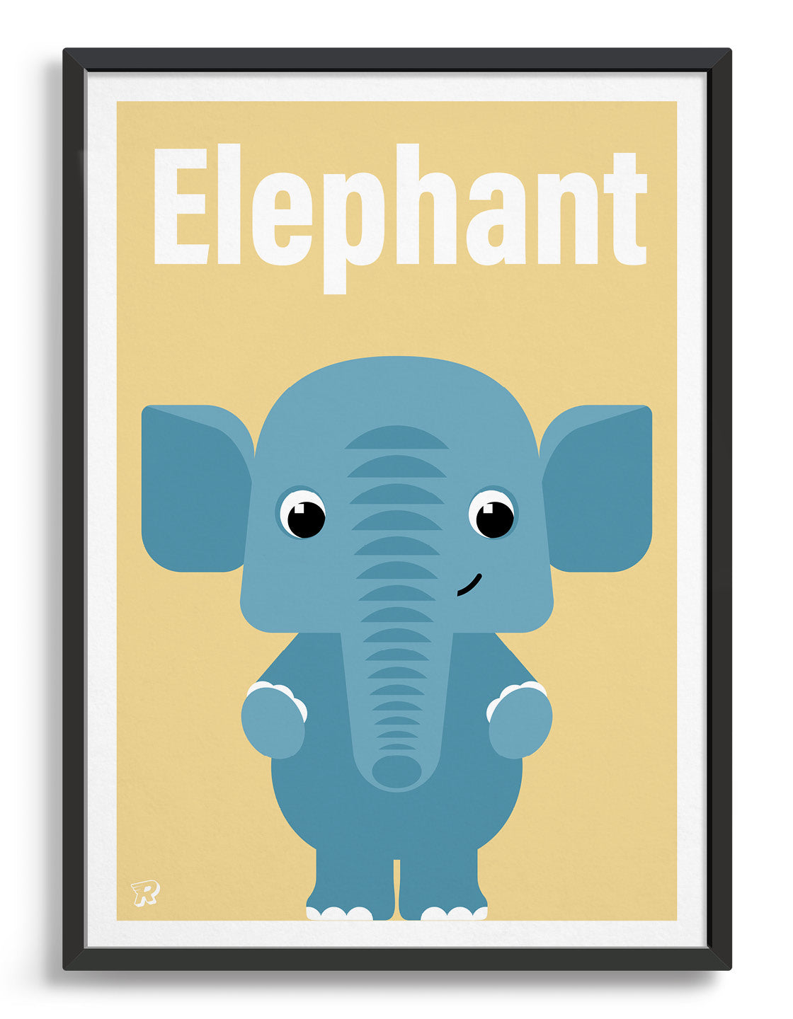 childs art print depicting a cute elephant illustration in blue against a yellow background. The word elephant is written above