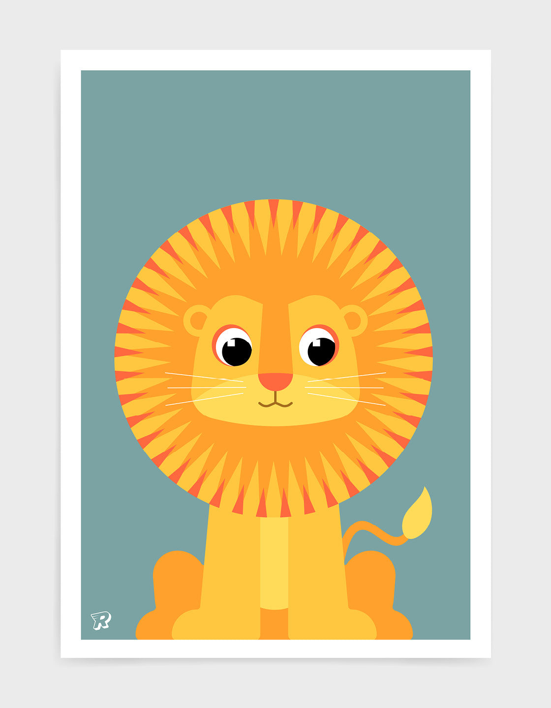 kids art print featuring a cute illustrated lion on a blue background