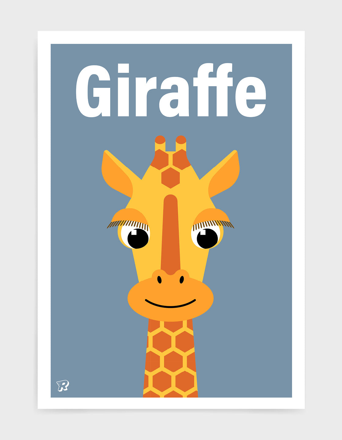 kids illustrated giraffe print with a cute giraffe head with long eyelashes against a blue background. The word giraffe is written at the top in white font
