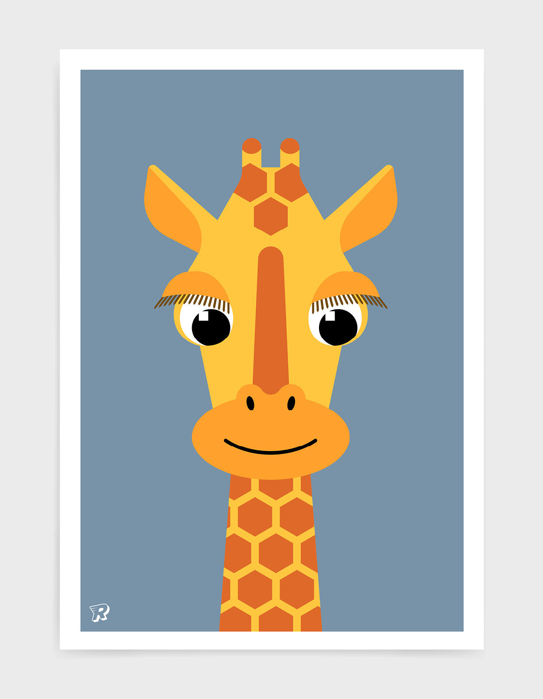 kids illustrated giraffe print with a cute giraffe head with long eyelashes against a blue background.