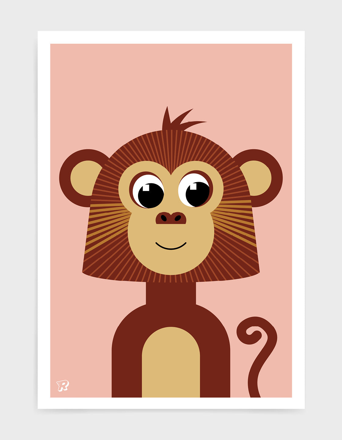 kids monkey illustrated art print with a brown cute monkey illustration on a pink backround.