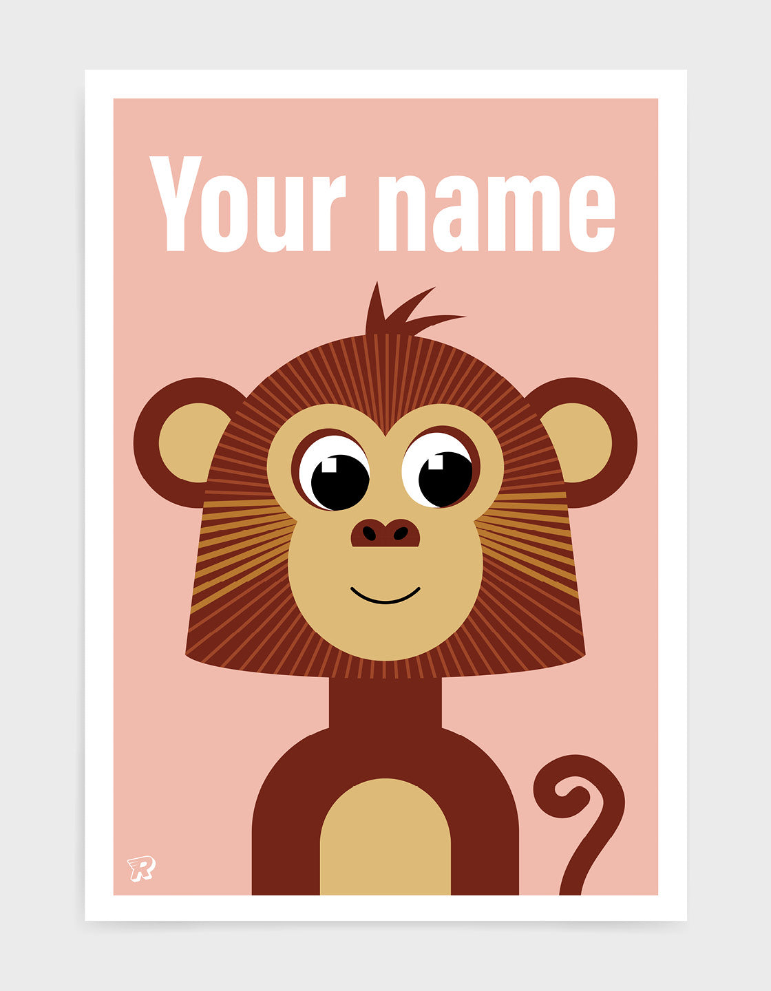 kids monkey illustrated art print with a brown cute monkey illustration on a pink backround. The words your name is at the top in a white font to show where you can personalise the print