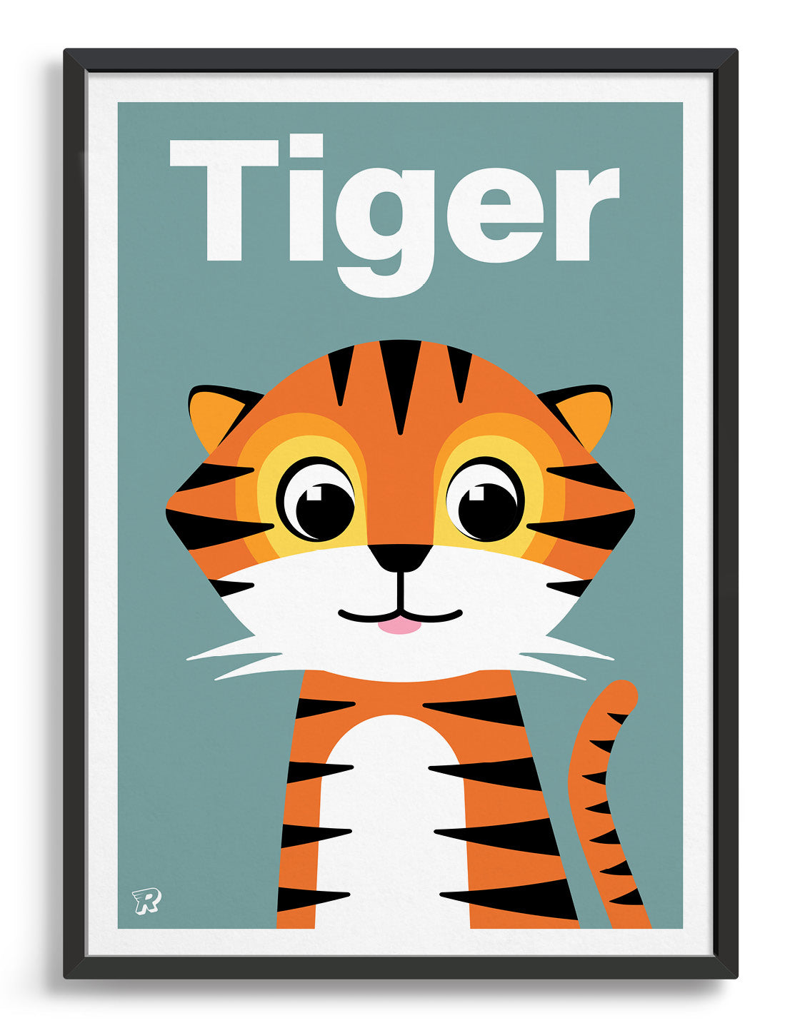 Cute kids tiger print with illustration of friendly tiger on a blue grey background. The word tiger is printed in white text above the tiger