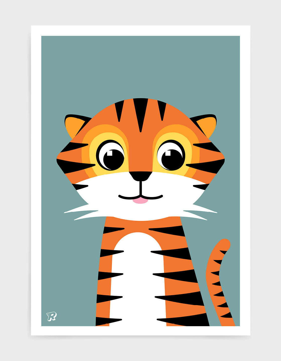 Cute kids tiger print with illustration of friendly tiger on a blue grey background