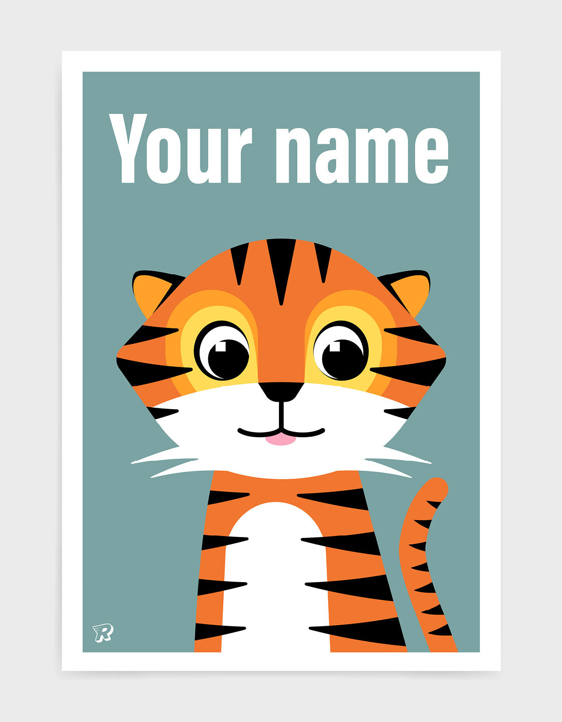 Cute kids tiger print with illustration of friendly tiger on a blue grey background. The word your name is printed in white text above the tiger to show where you can add Personalised details