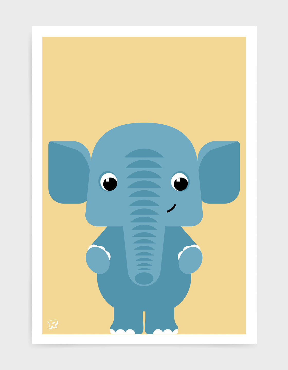 childs art print depicting a cute elephant illustration in blue against a yellow background.