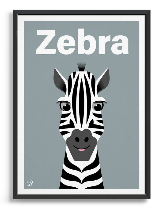 kids cute zebra art print with an illustration of a friendly zebra on a grey background. The word zebra is written along the top in a white font