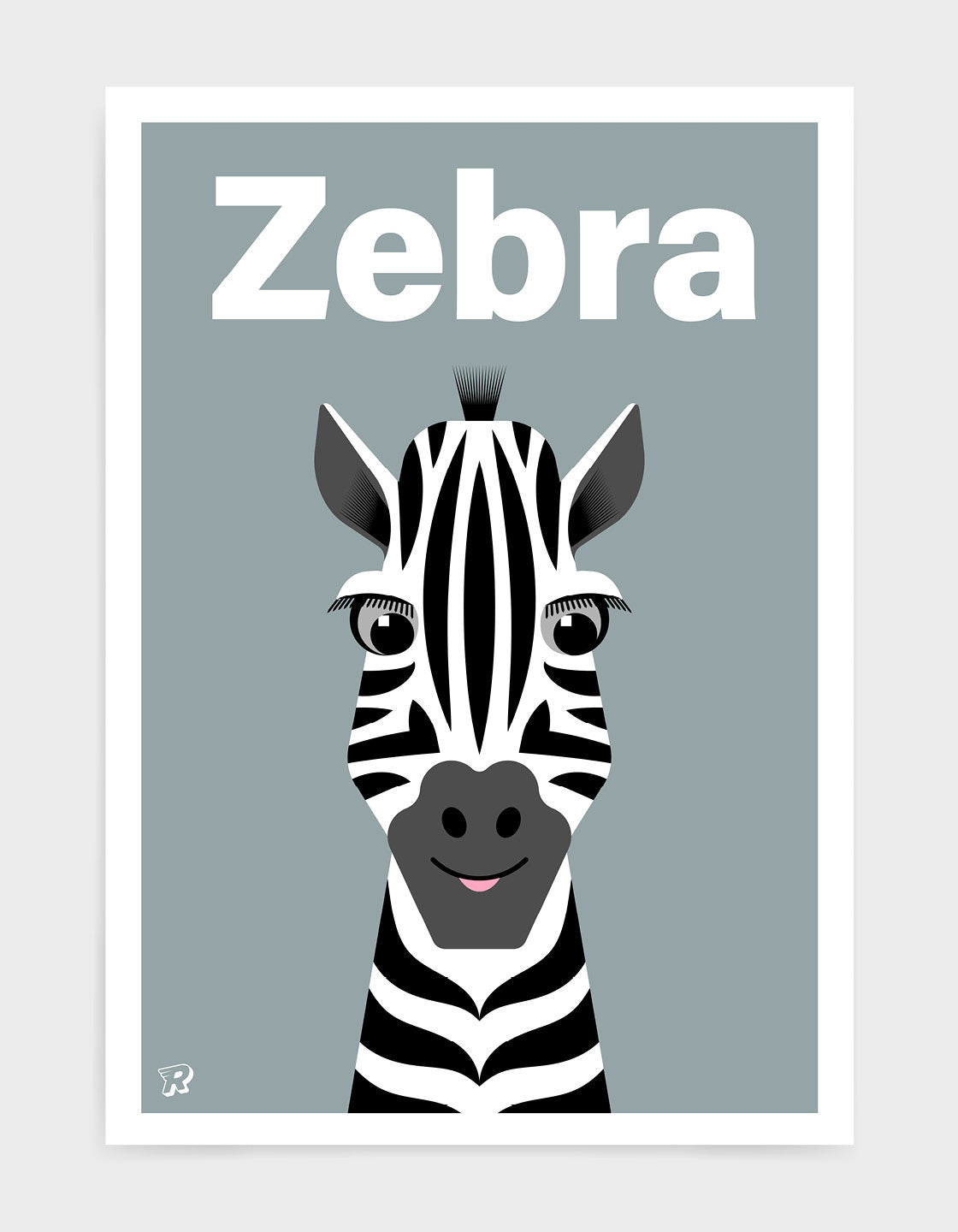 kids cute zebra art print with an illustration of a friendly zebra on a grey background. The word zebra is written along the top in a white font