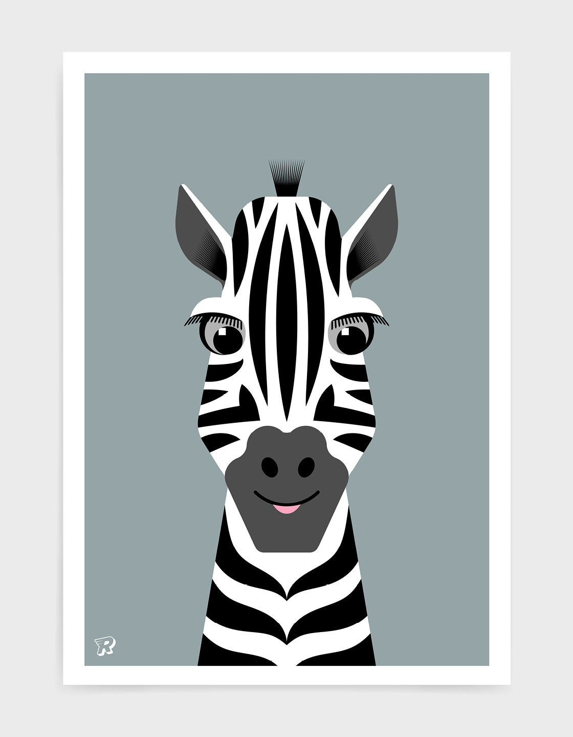 kids cute zebra art print with an illustration of a friendly zebra on a grey background.
