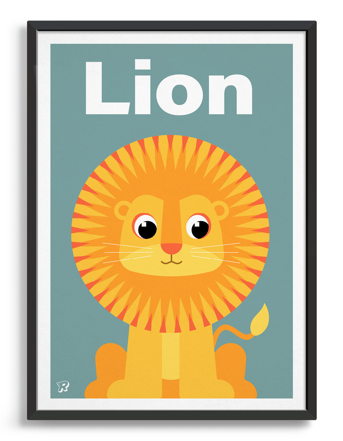 kids art print featuring a cute illustrated lion on a blue background with the word Lion in white text at the top