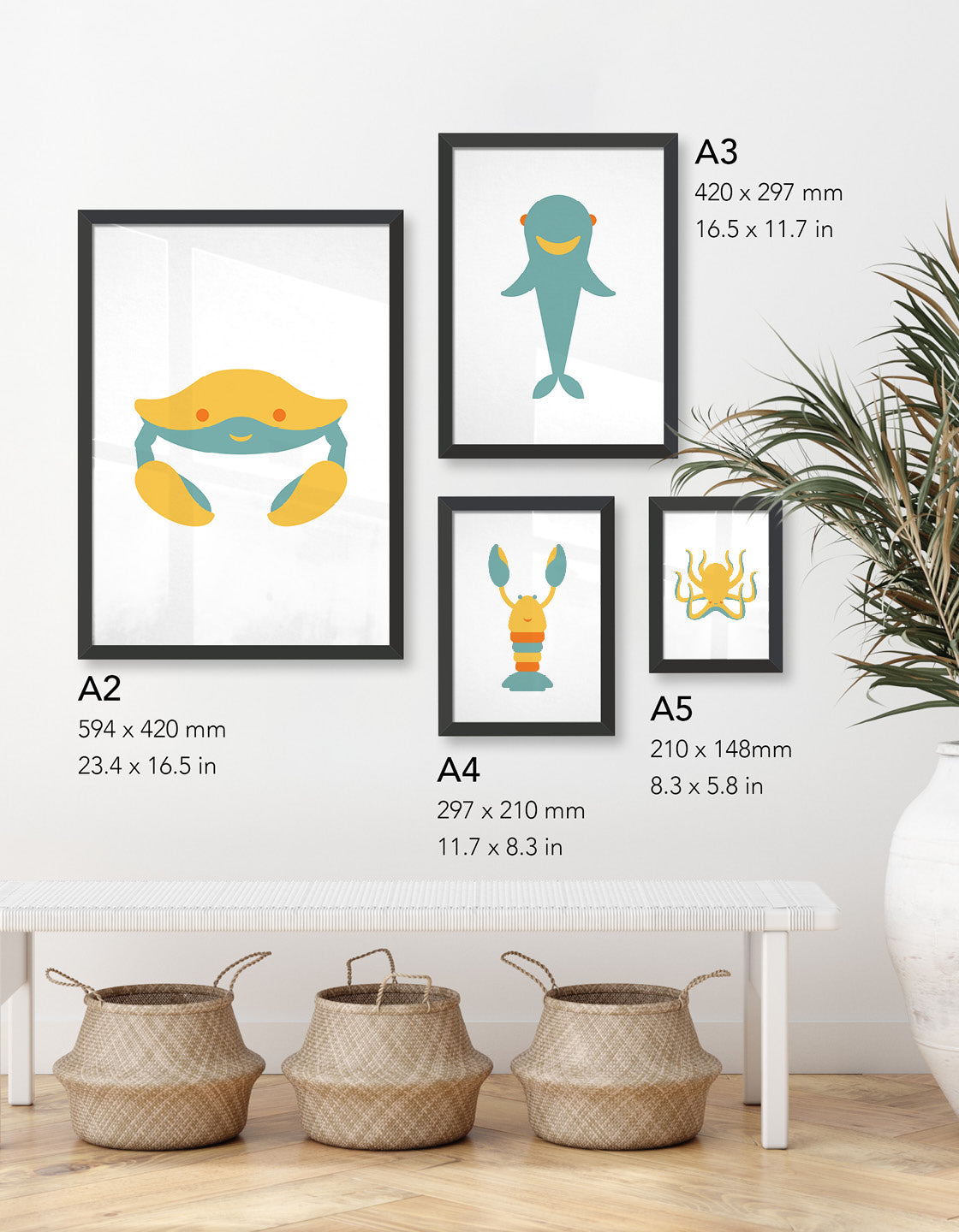 Lifestyle image depicting the kids range of under the sea prints and the different sizes available