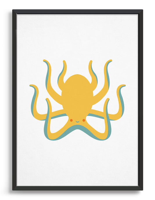 Kids octopus art print depicts a cute yellow octopus with a smiling face and blue underneath against a white background