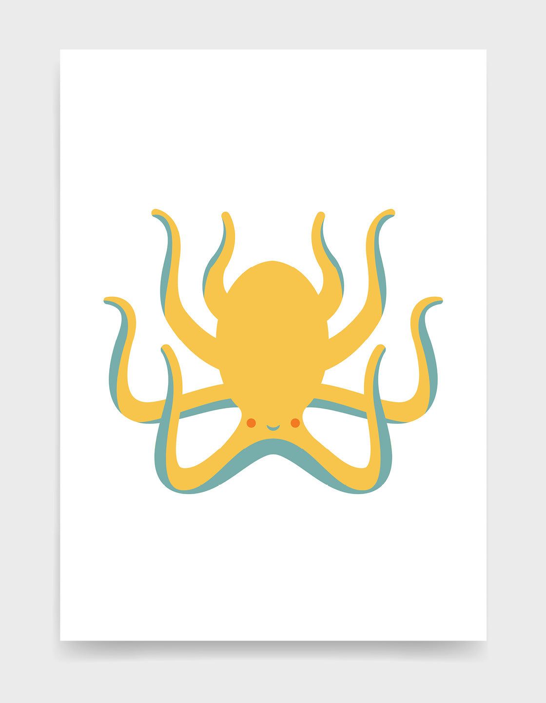 Kids octopus art print depicts a cute yellow octopus with a smiling face and blue underneath against a white background