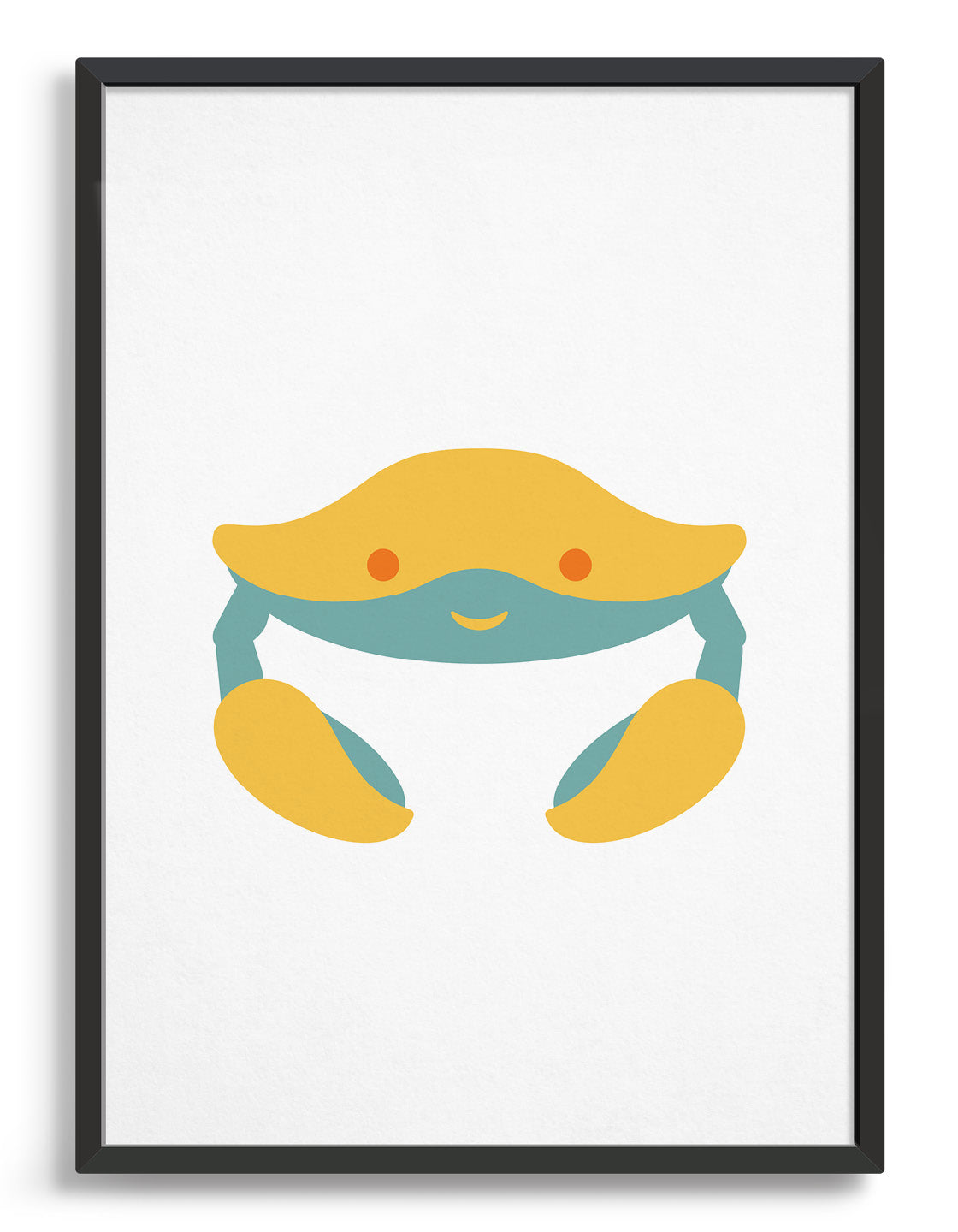 Kids cute crab print with a yellow and blue crab with a sweet face against a white background_kids bedroom decor