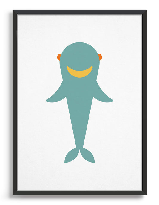 Kids cute baby shark print featuring a blue shark against a white background with a happy smiling face