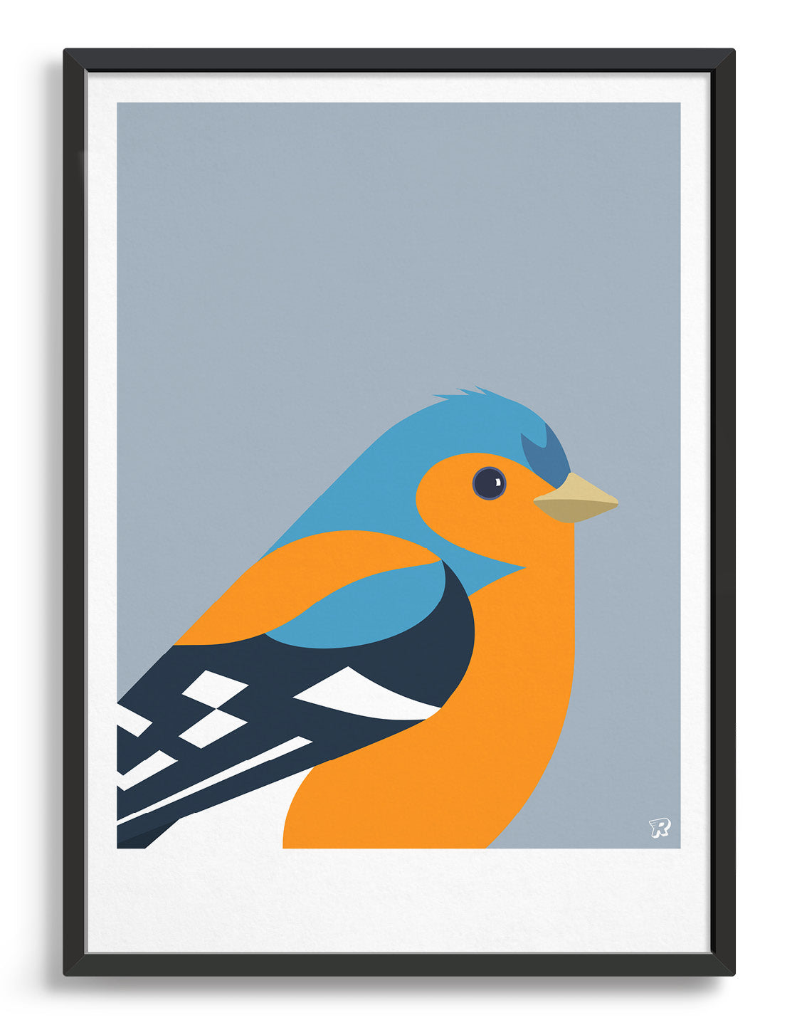 Modern bird print of a chaffinch in blue, black and orange against a light grey background