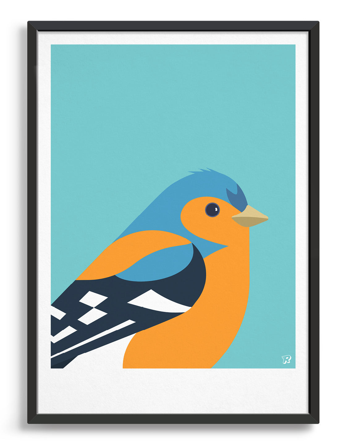 Modern bird print of a chaffinch in blue, black and orange against a aqua blue background