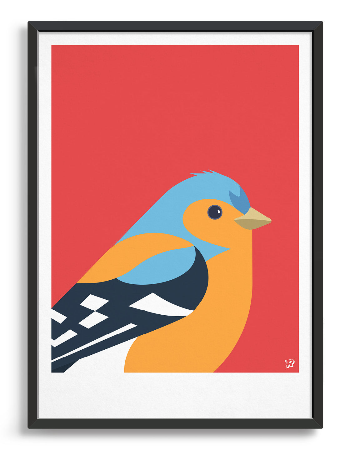 Modern bird print of a chaffinch in blue, black and orange against a red background