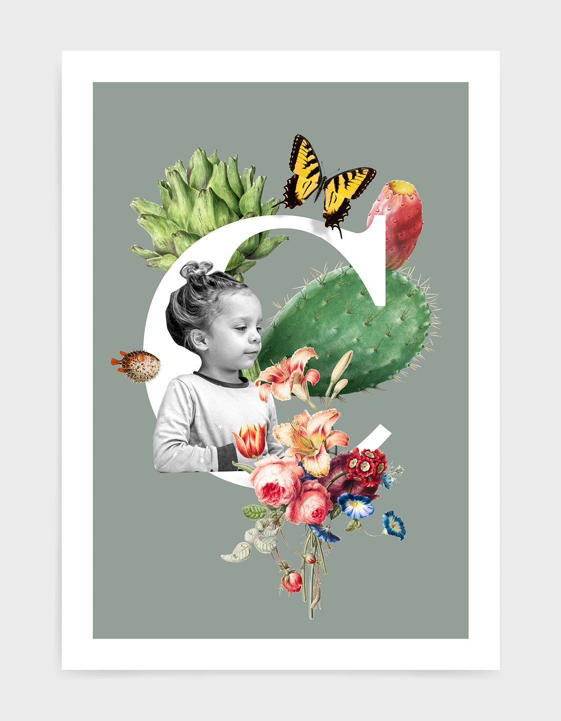 Initial print with custom photo and decorated with vintage illustrations including butterfly, flora and fauna against a grey background