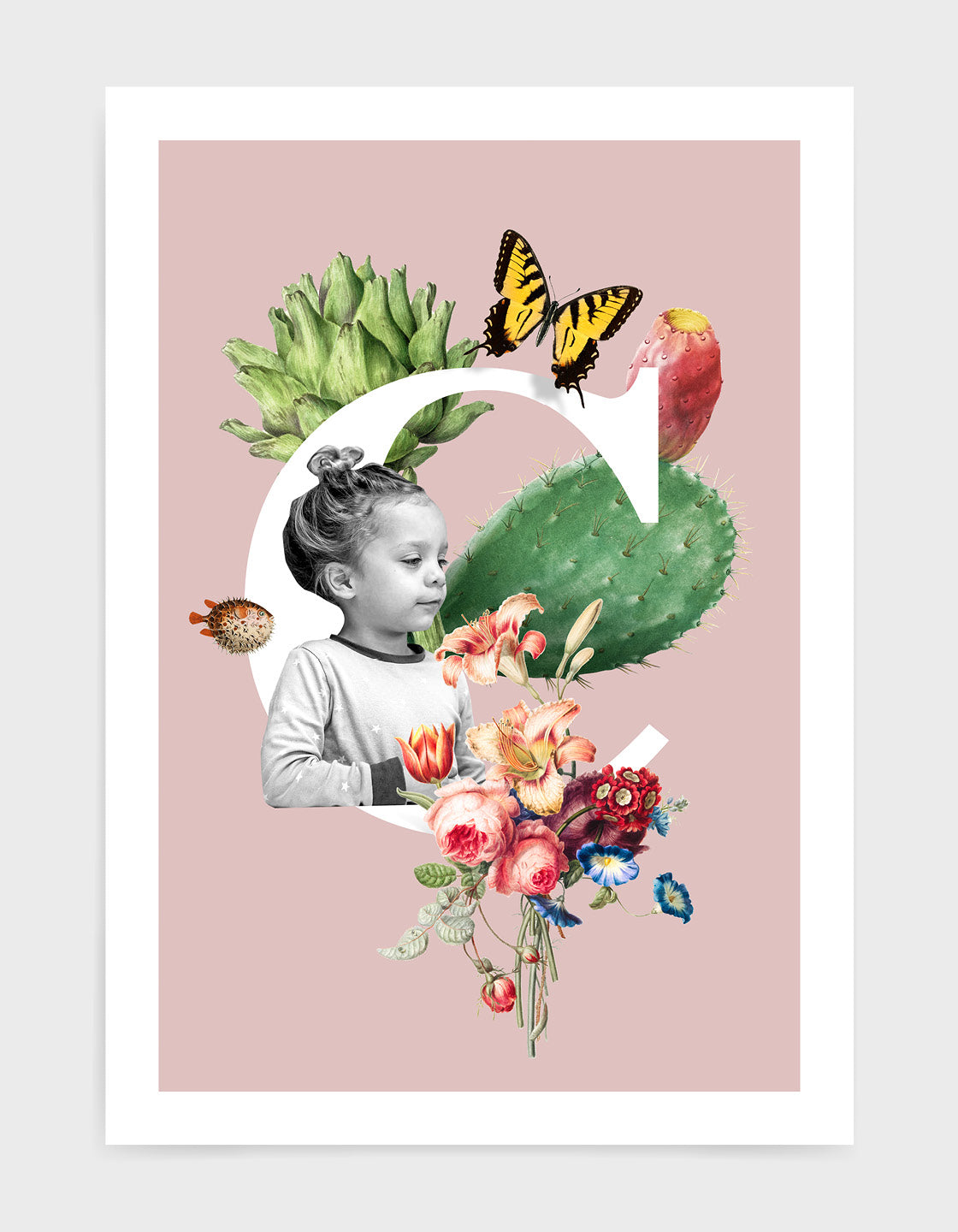 Initial print with custom photo and decorated with vintage illustrations including butterfly, flora and fauna against a pink background