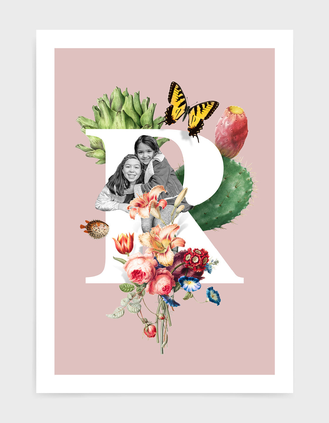 Initial print with custom photo and decorated with vintage illustrations including butterfly, flora and fauna against a pink background
