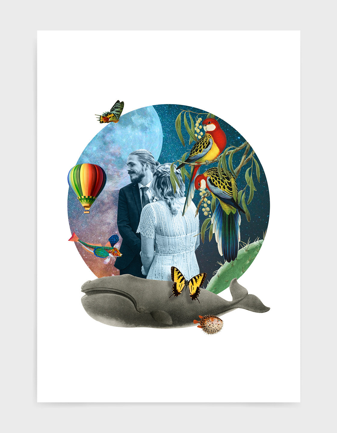 Personalised collage print with customised photo and vintage illustrations