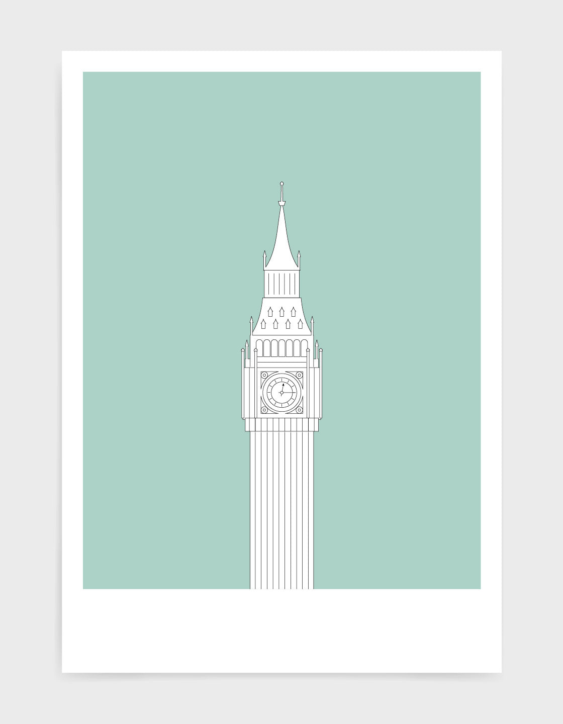 illustration of big ben in white against a light green background