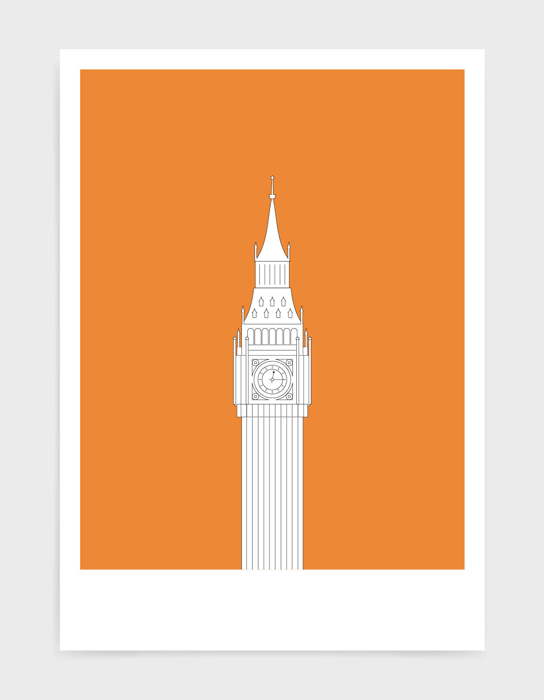 illustration of big ben in white against a bright orange background