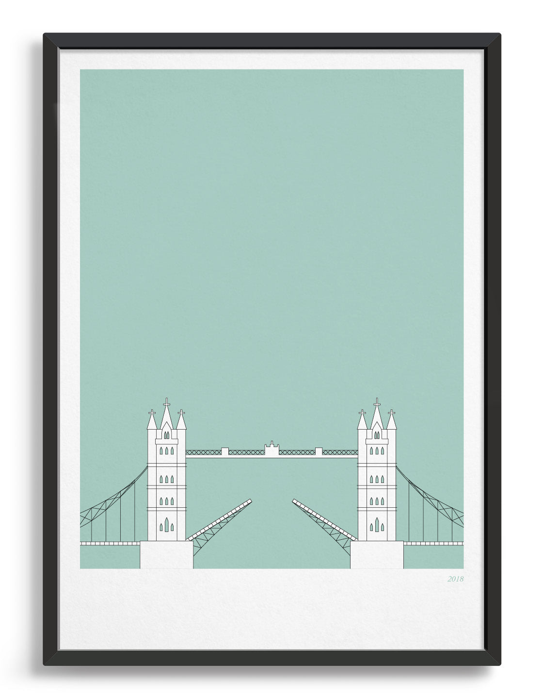 framed illustration of tower bridge in white against a light green background