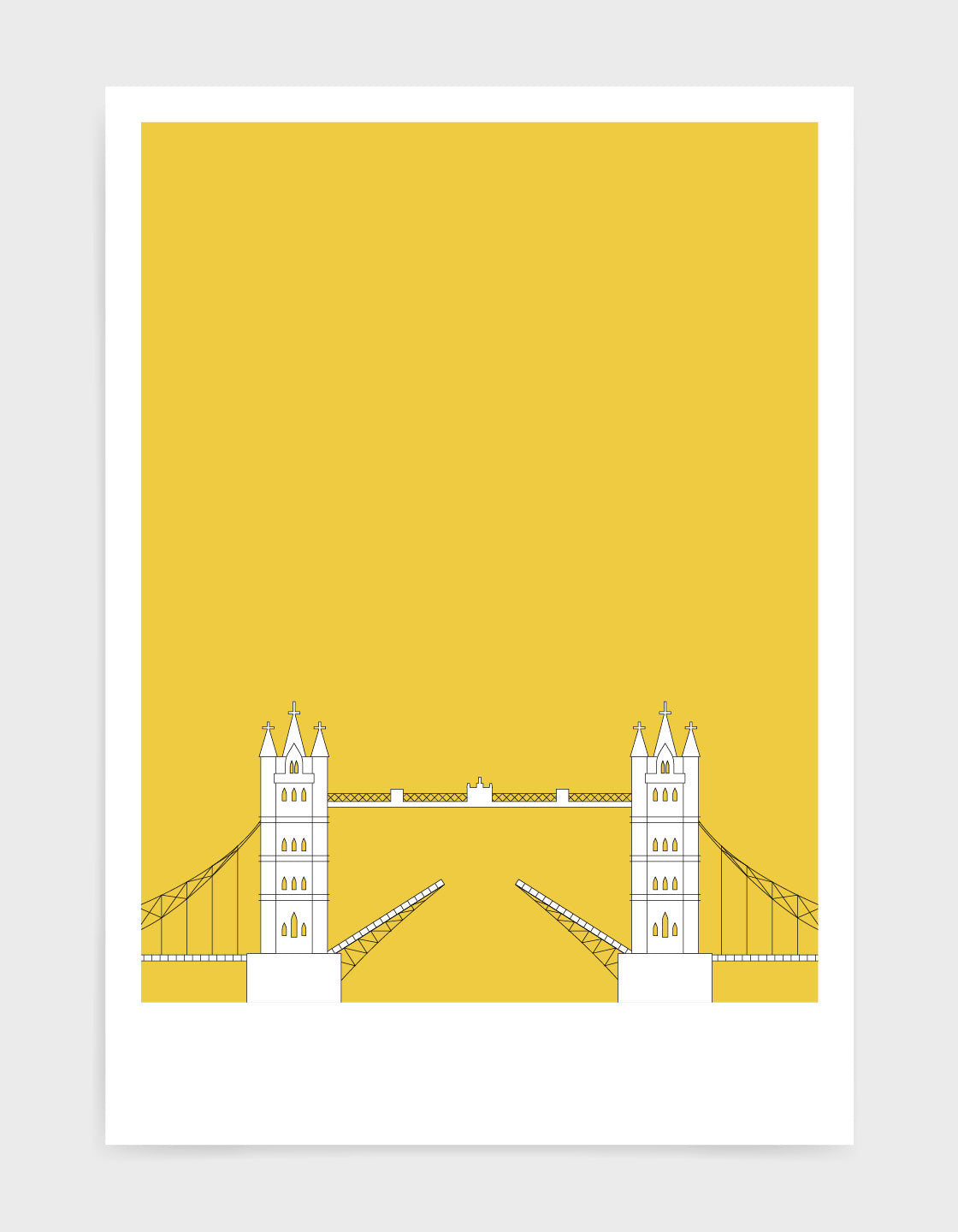 illustration of tower bridge in white against a bright yellow background