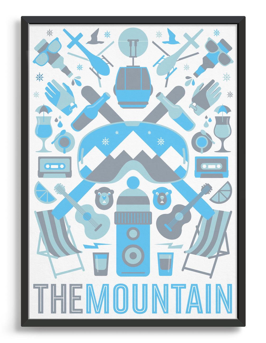 Framed 'The Mountain' art print of ski icons in blue including ski's, goggles, deckchairs