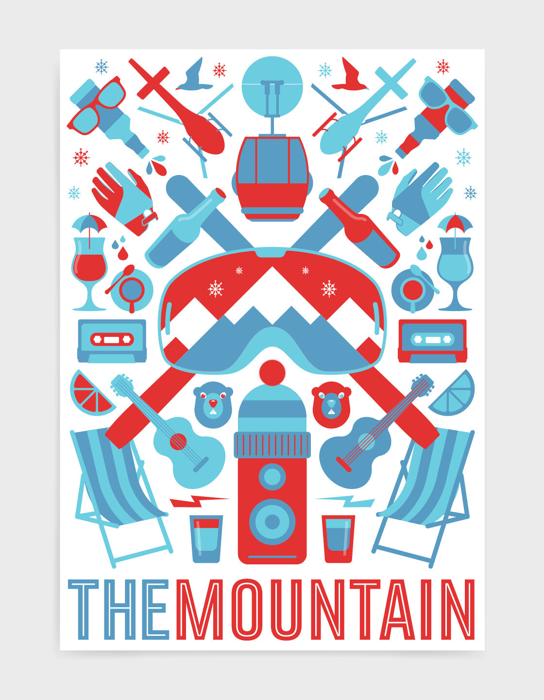 'The Mountain' art print of ski icons in blue and red including ski's, goggles, deckchairs