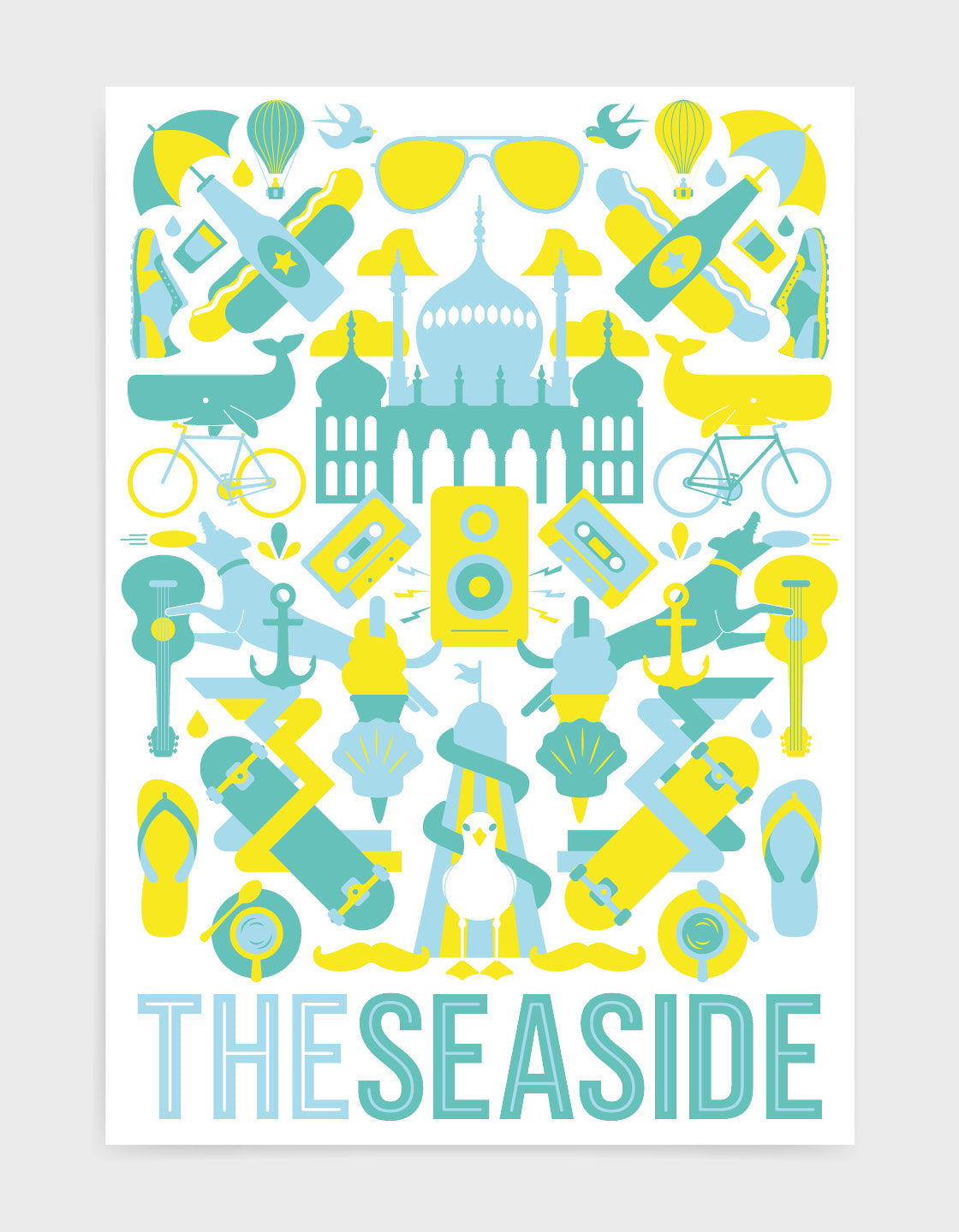 'The Seaside' souvenir art print of Brighton iconography including the Royal Pavilion