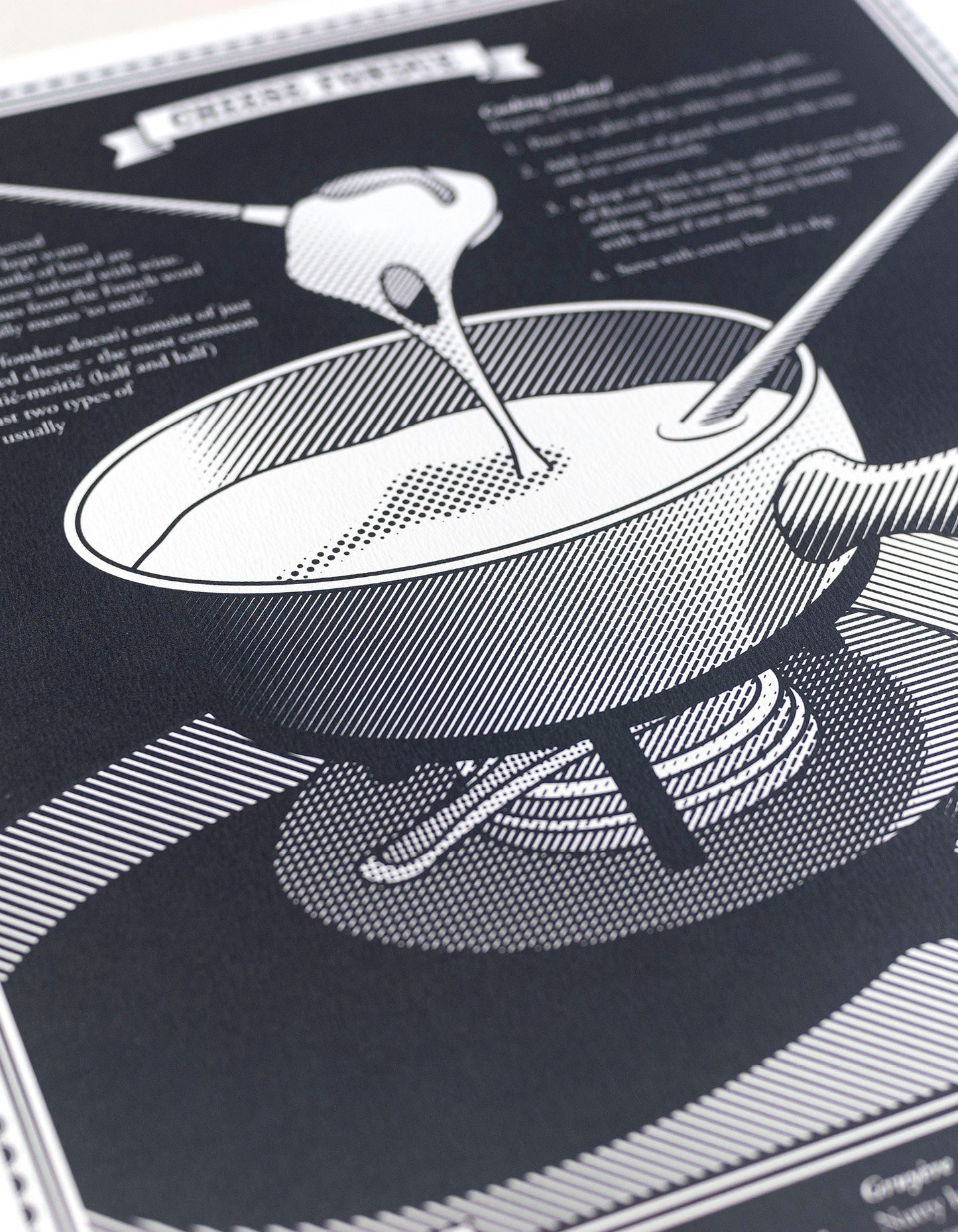 limited edition Infographic art print depicting a close up diagram of the swiss fondue in monotone dark grey ink