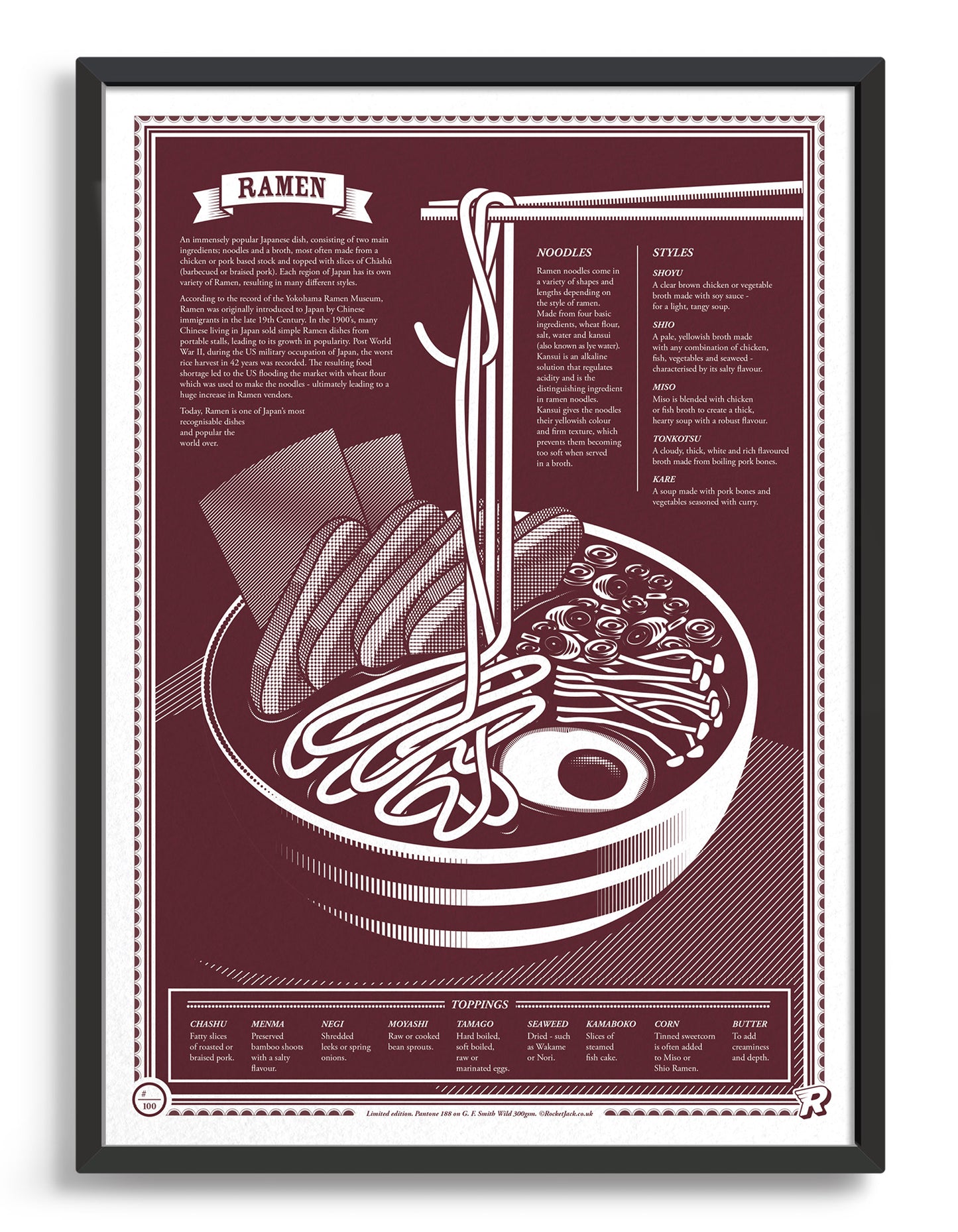 limited edition Infographic art print depicting a diagram of the japanese ramen in monotone dark red ink