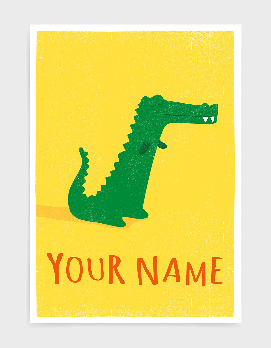 kids cute crocodile illustration art print on a yellow background with option to personalise