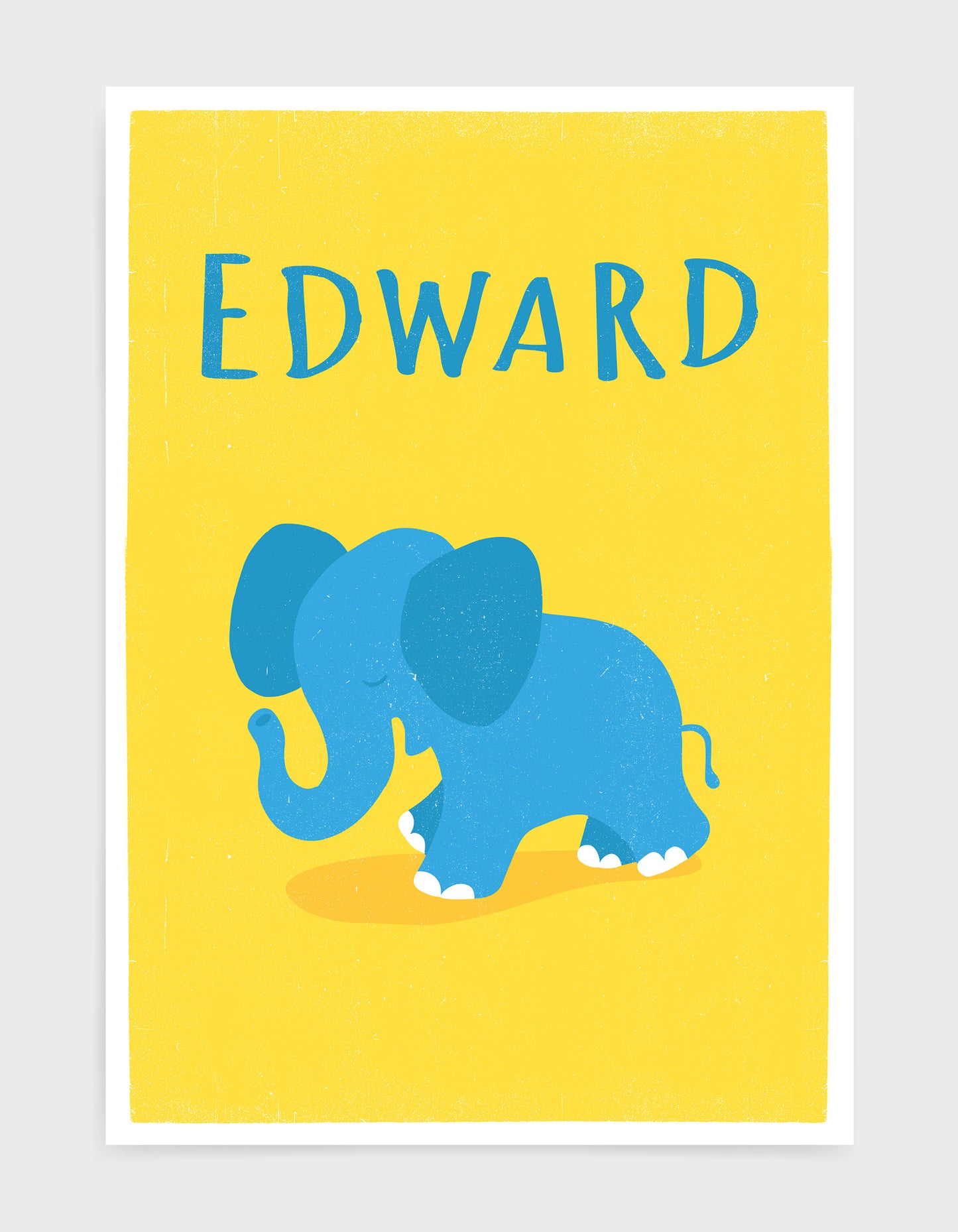 kids cute blue elephant illustrated art print on yellow background