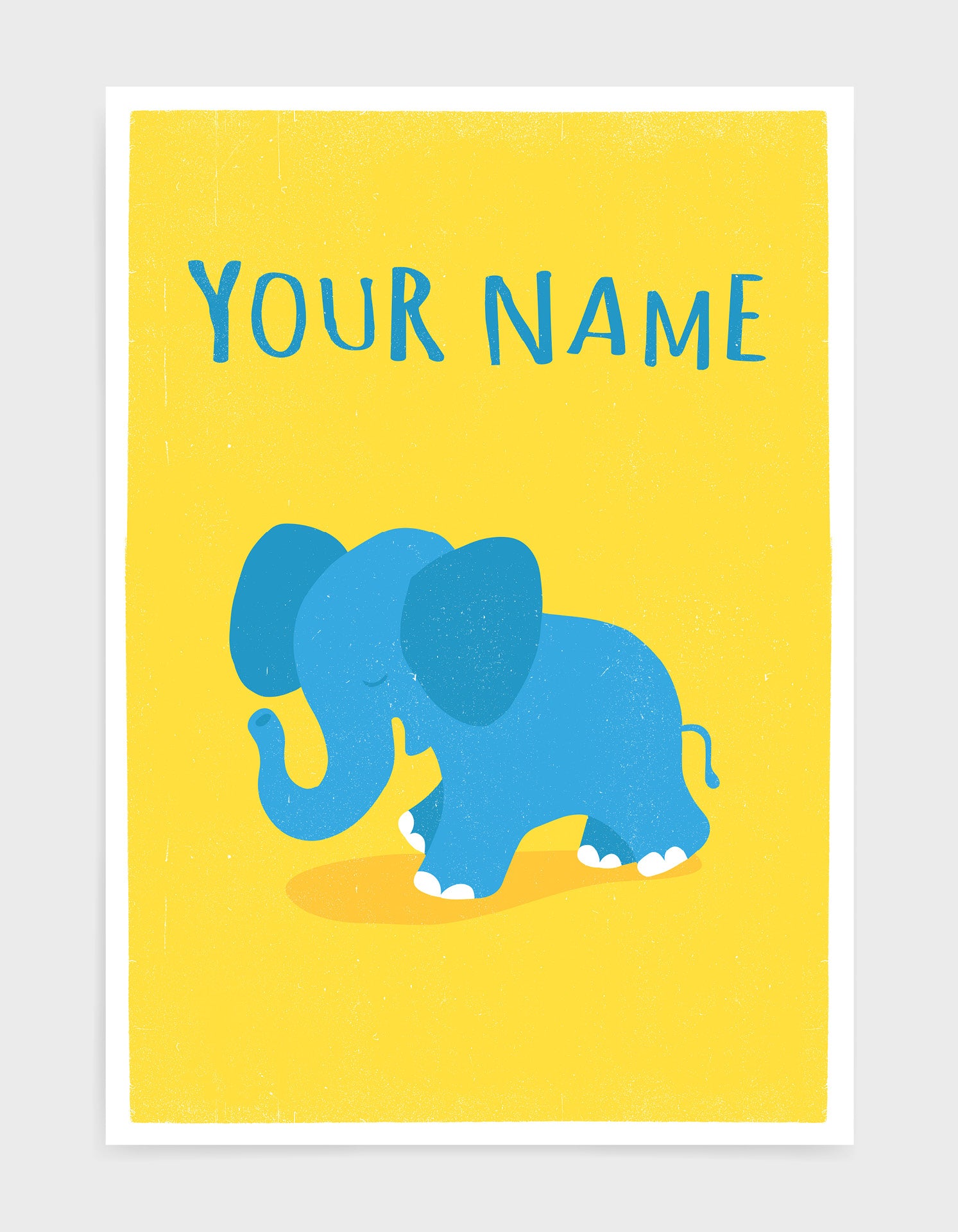 kids cute blue elephant illustrated art print on yellow background