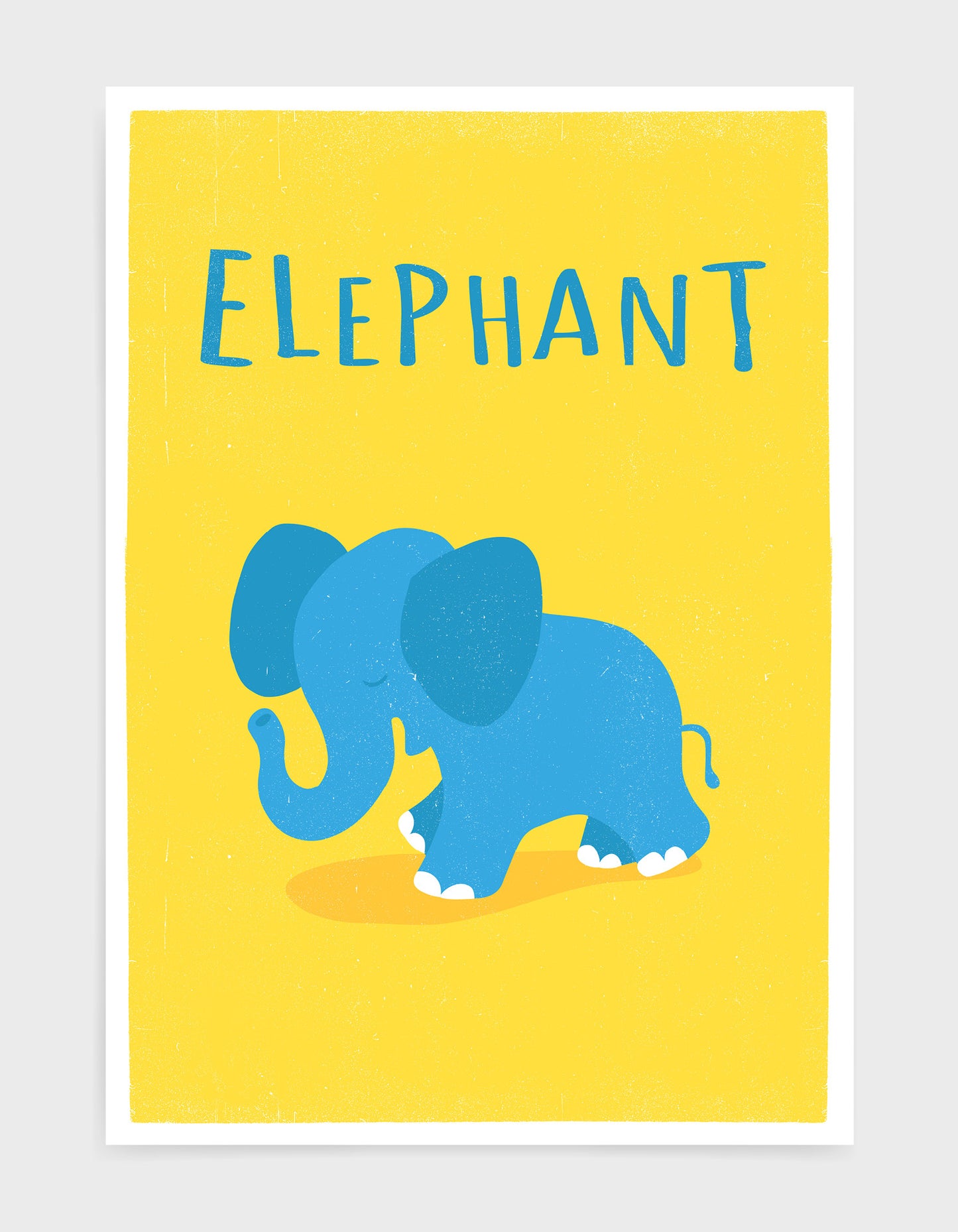 kids cute blue elephant illustrated art print on yellow background
