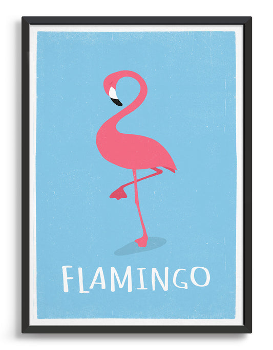 kids pink flamingo print on a light blue background with flamingo underneath