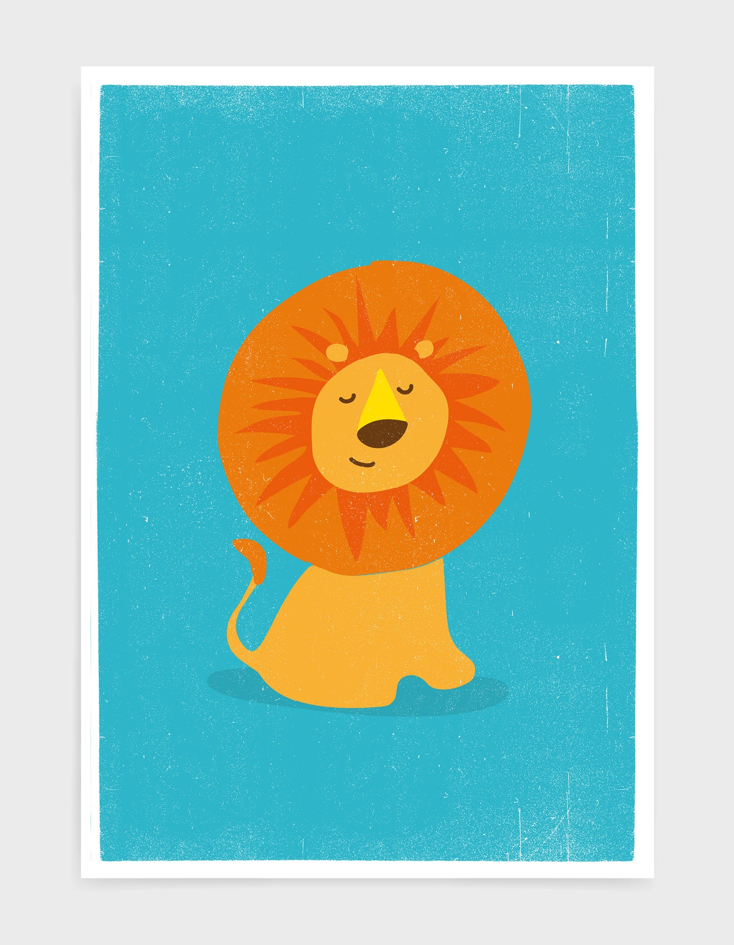 art print of a cute lion on a bright blue background