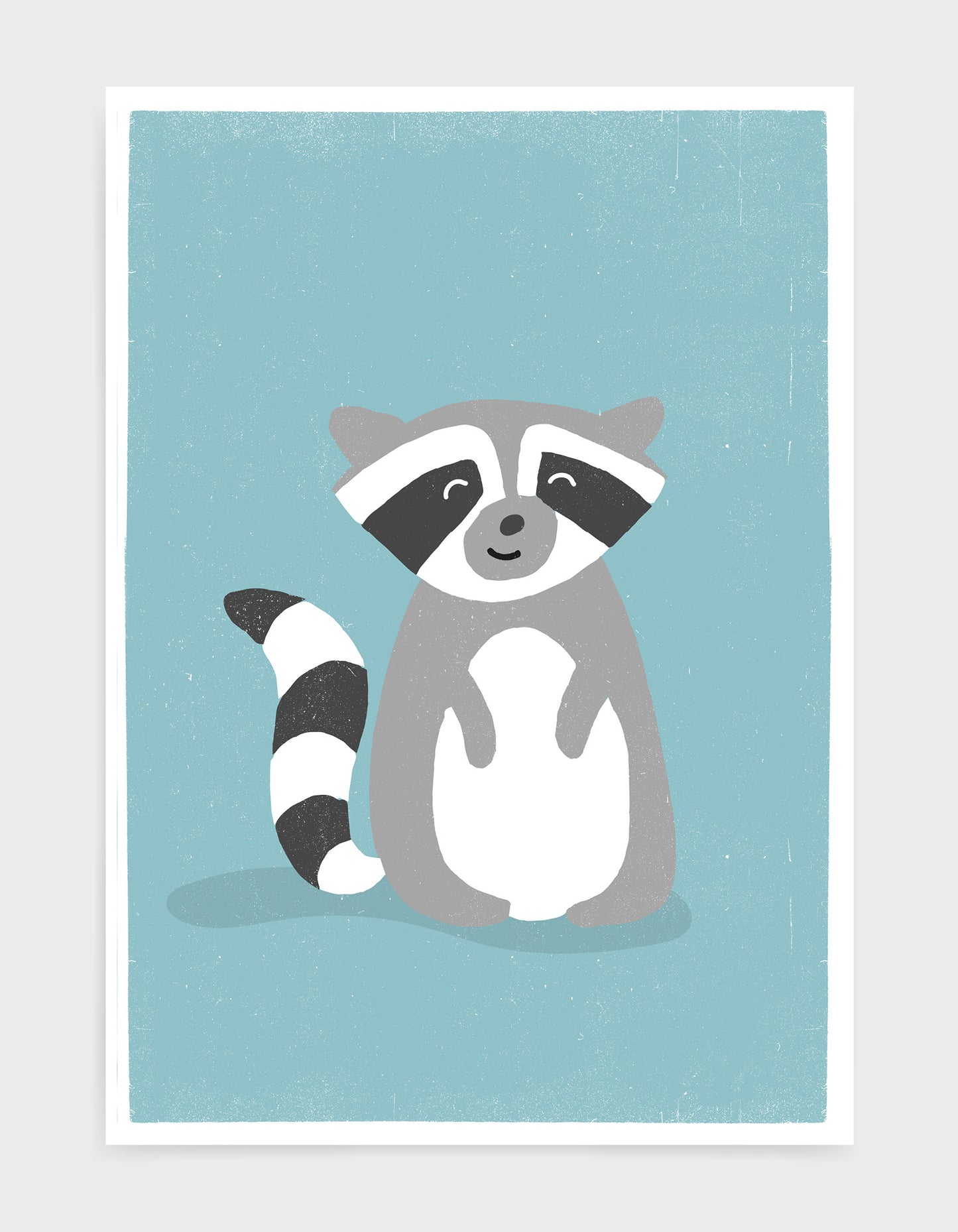 art print of a cute racoon on a light blue background