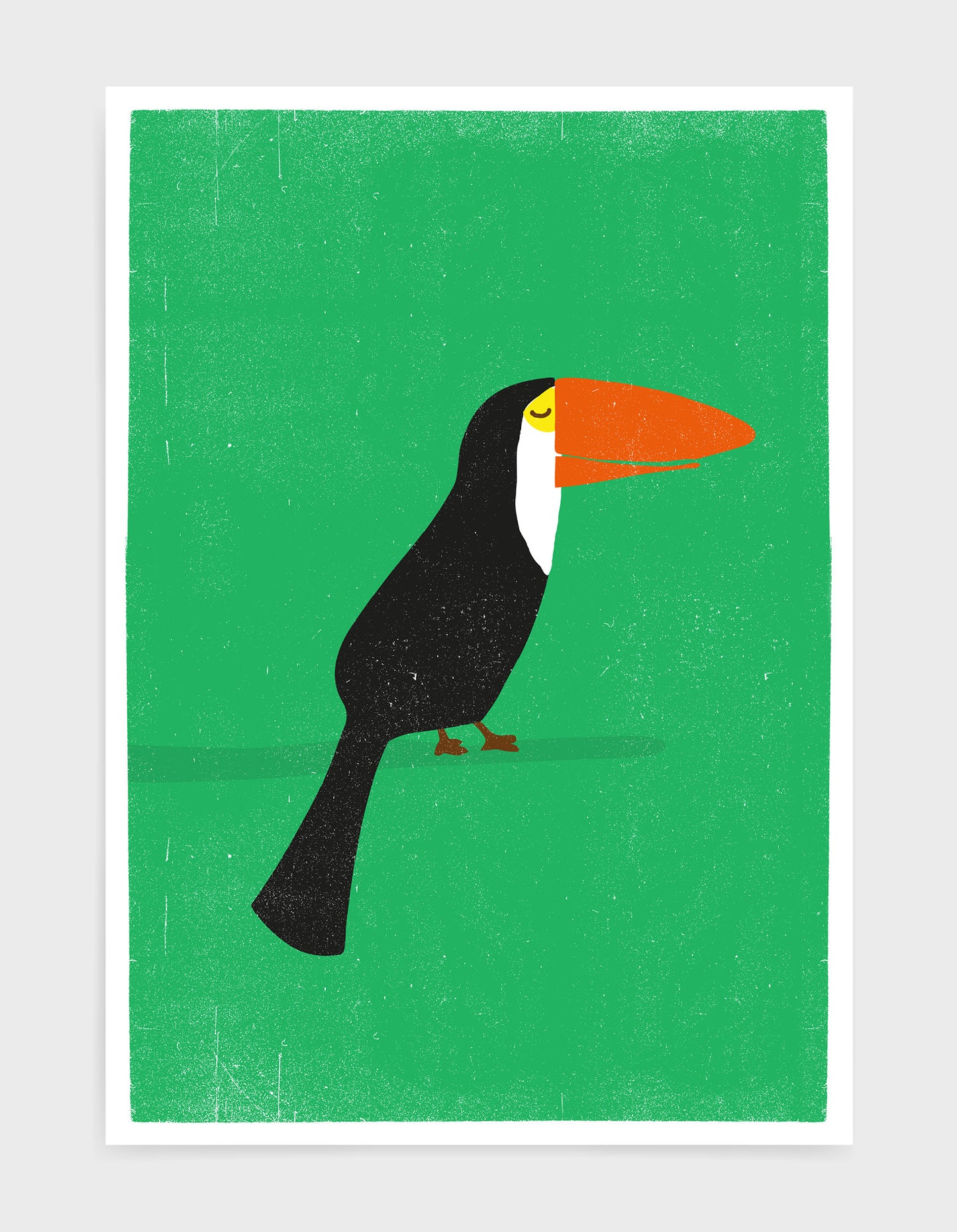 art print of a toucan bird in profile against a green background