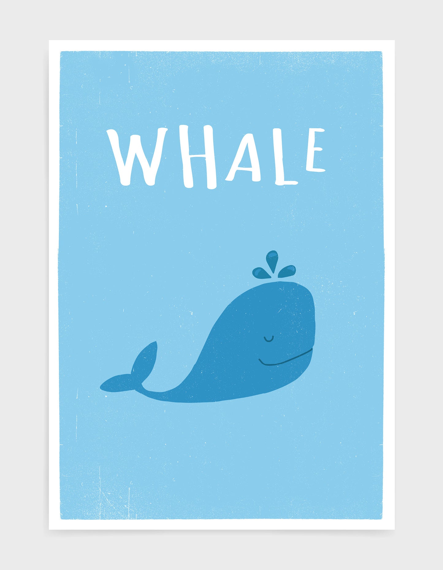 kids cute blue whale illustrated art print with light blue background and whale text
