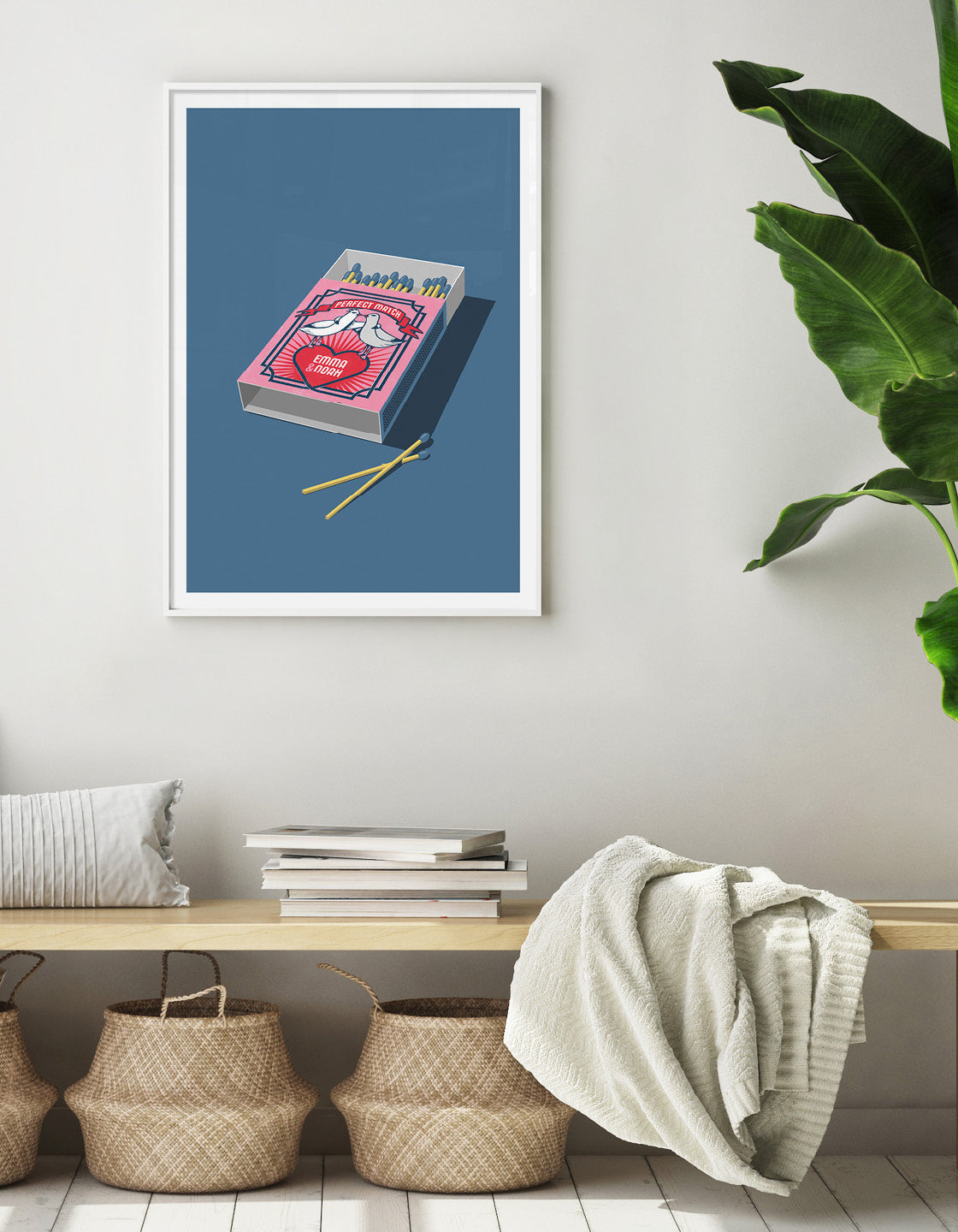 pink open matchbox against a blue background with two matches outside the box. Top of the box shows two doves and the title perfect match. A red heart sits beneath the birds and features Personalised text