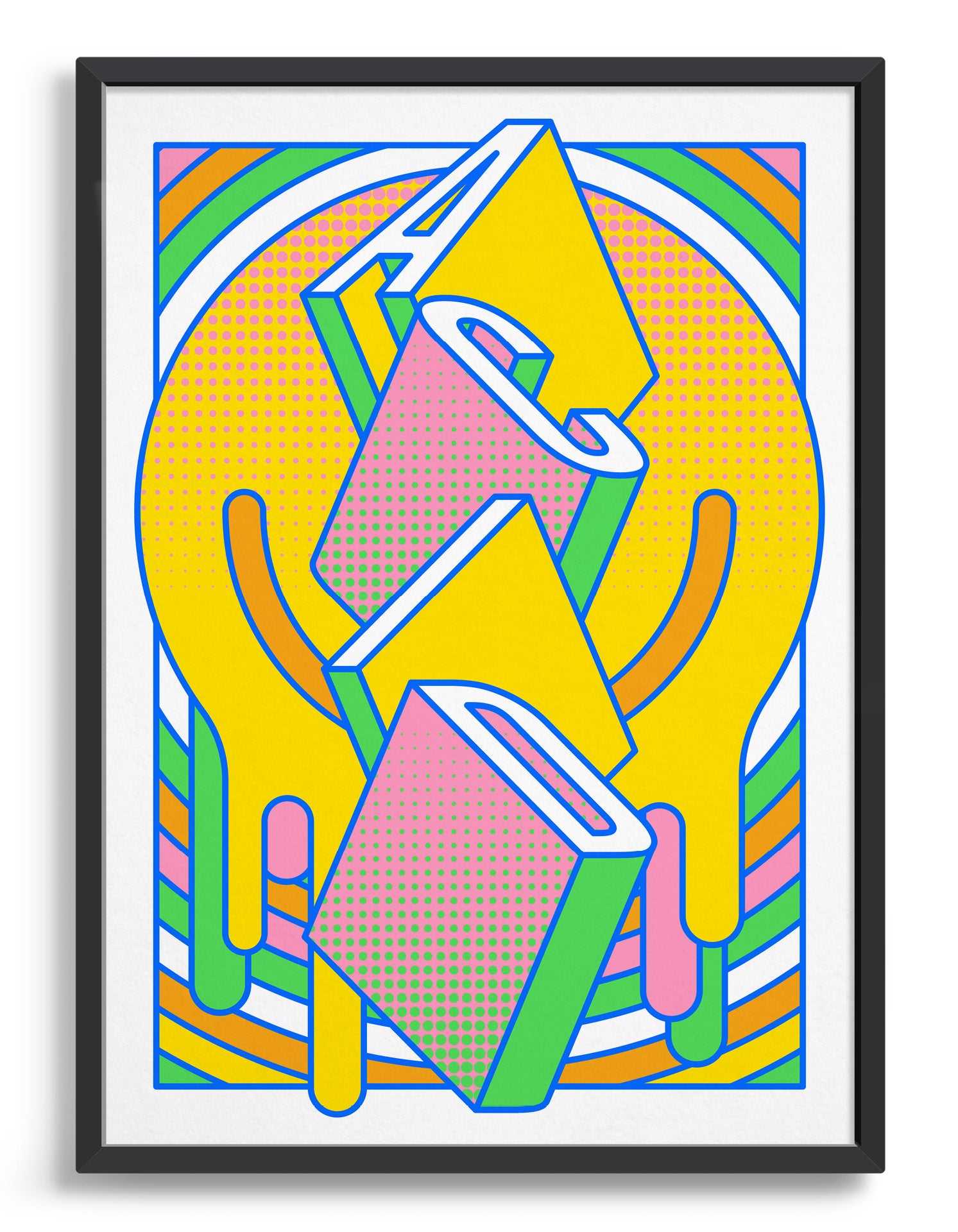 music art print featuring a geometric abstract pattern in bold shapes and vibrant colours. Block typography depicts the word Acid in tumbling text